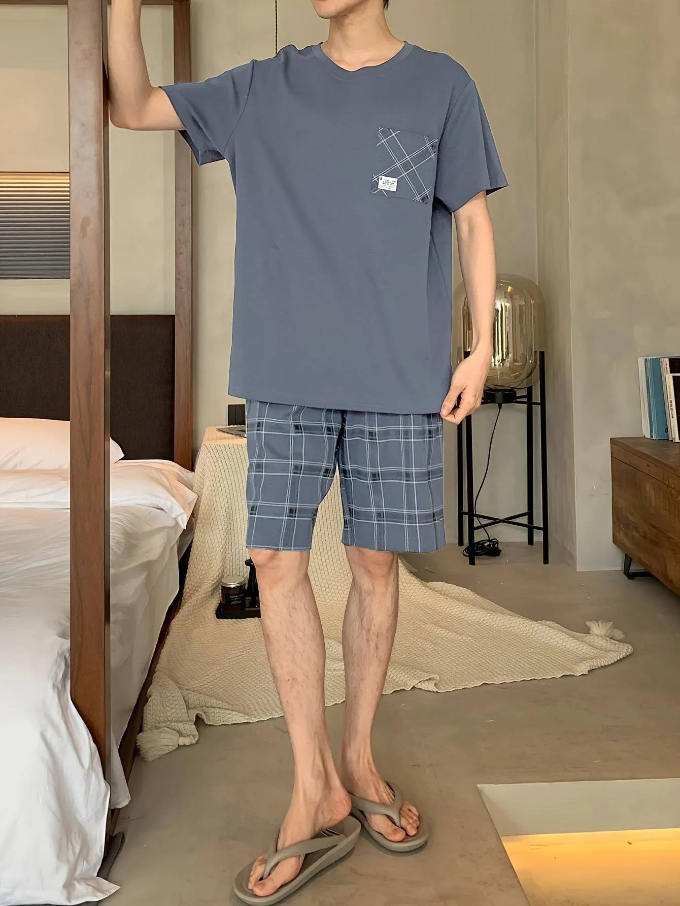 2 Piece Mens Cotton Pajama Set - Soft, Breathable, Ultra-Relaxed Casual Style with Thin Short Sleeves and Shorts for Maximum Comfort, Fashionable Design, Exceptionally Comfy for Lounging Around the House