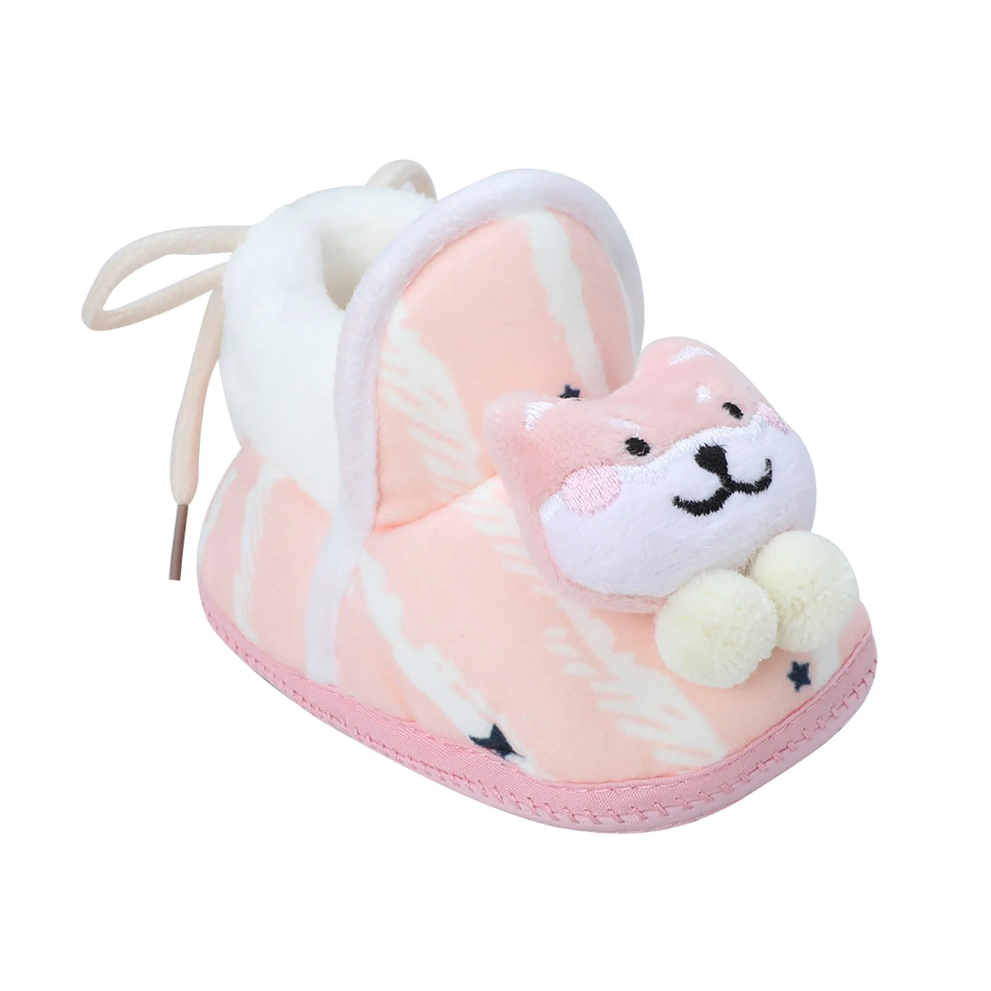 Baby Moo 3D Teddy Broad Stripes Soft Slip-On Anti-Skid Plush Warm Booties - Peach