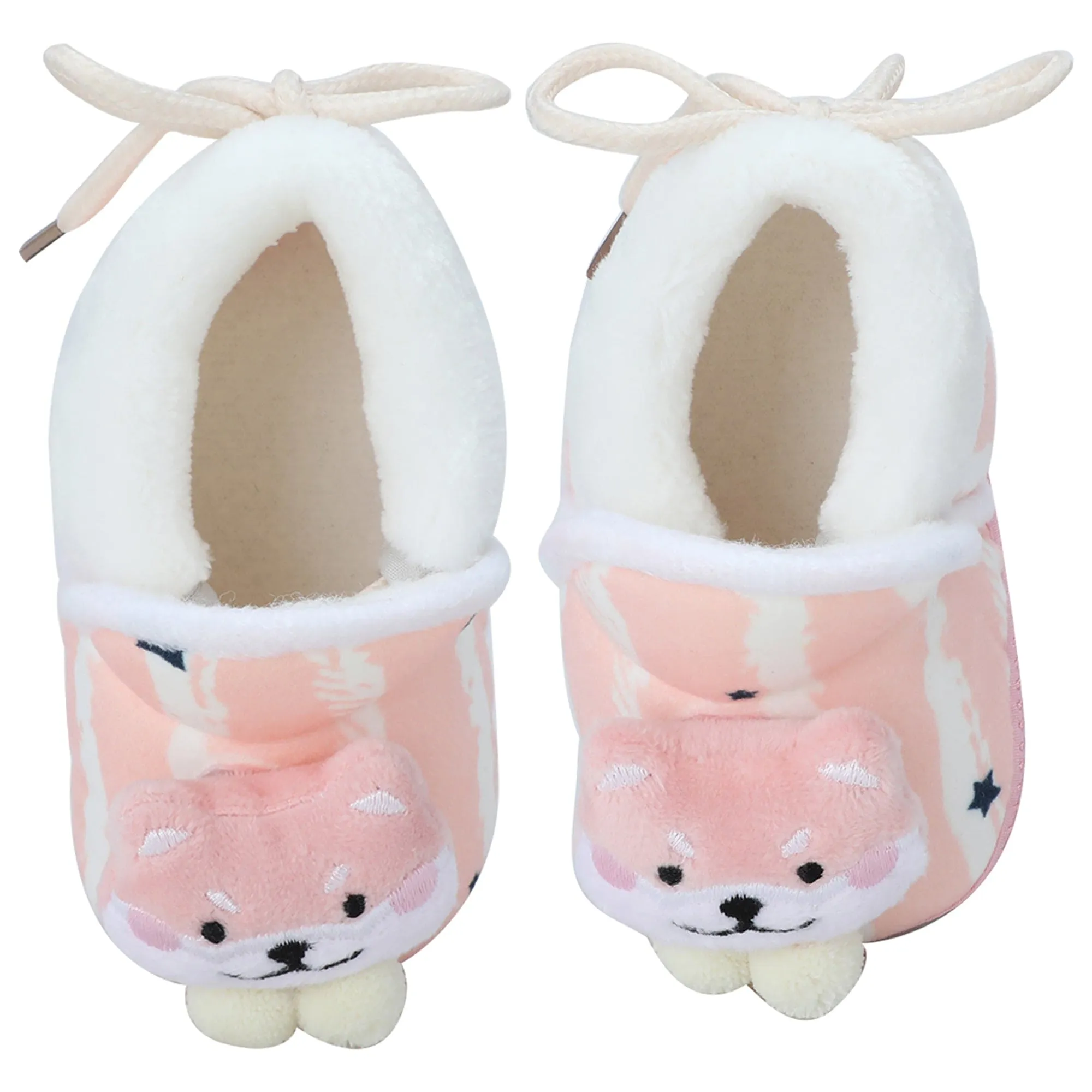 Baby Moo 3D Teddy Broad Stripes Soft Slip-On Anti-Skid Plush Warm Booties - Peach