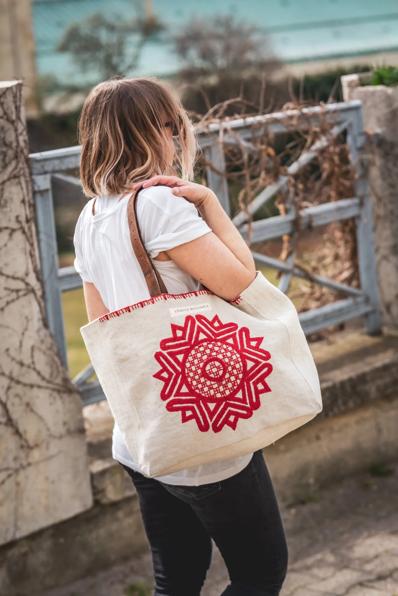 Bag: Handwoven antique hemp grain sack, hand embroidered Mandala - BG231