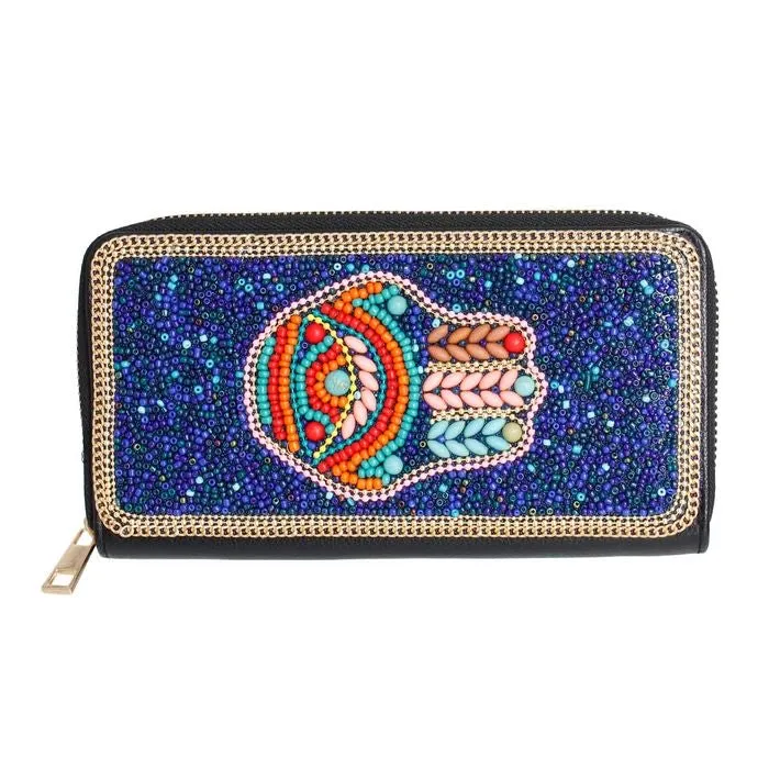 Blue Hamsa Beaded Wallet