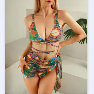 Bohemian Print Tie Bikini Three Piece Set Wholesale Womens Clothing