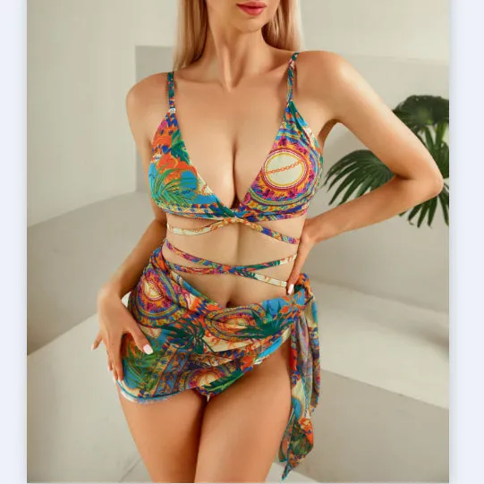 Bohemian Print Tie Bikini Three Piece Set Wholesale Womens Clothing