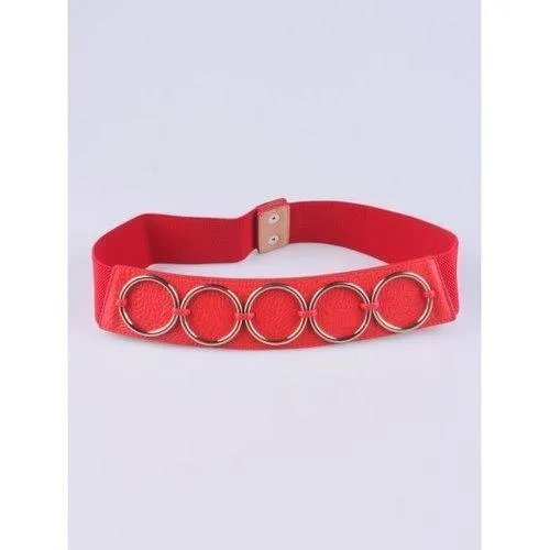 Coat Wear Tiered Matel Ring Buckle Stretch Belt - Red