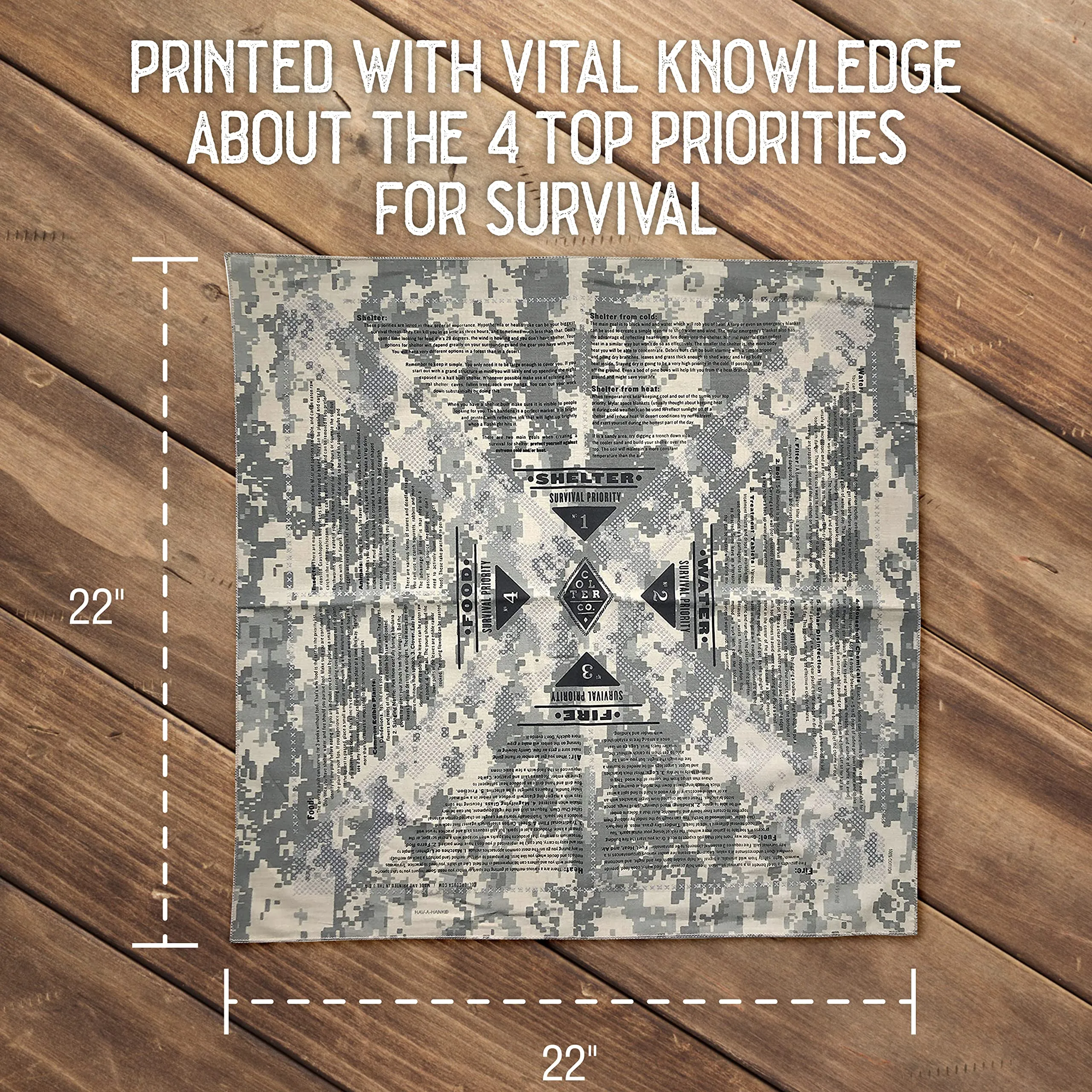 Colter Co. Stayin' Alive Reflective Survival Bandana - 100% Cotton & Unique Bandanas For Men & Women - Head Bands, Scarfs, Festival Accessories, Womens Fashion - Made In The USA (22"x22", Camouflage)