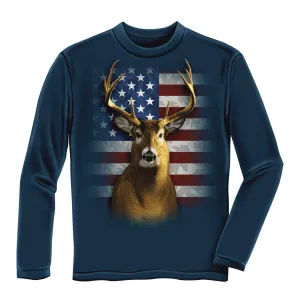 Dawhud Direct American Flag Patriotic Deer Adult Longsleeve Navy Blue Tee Shirt (Adult