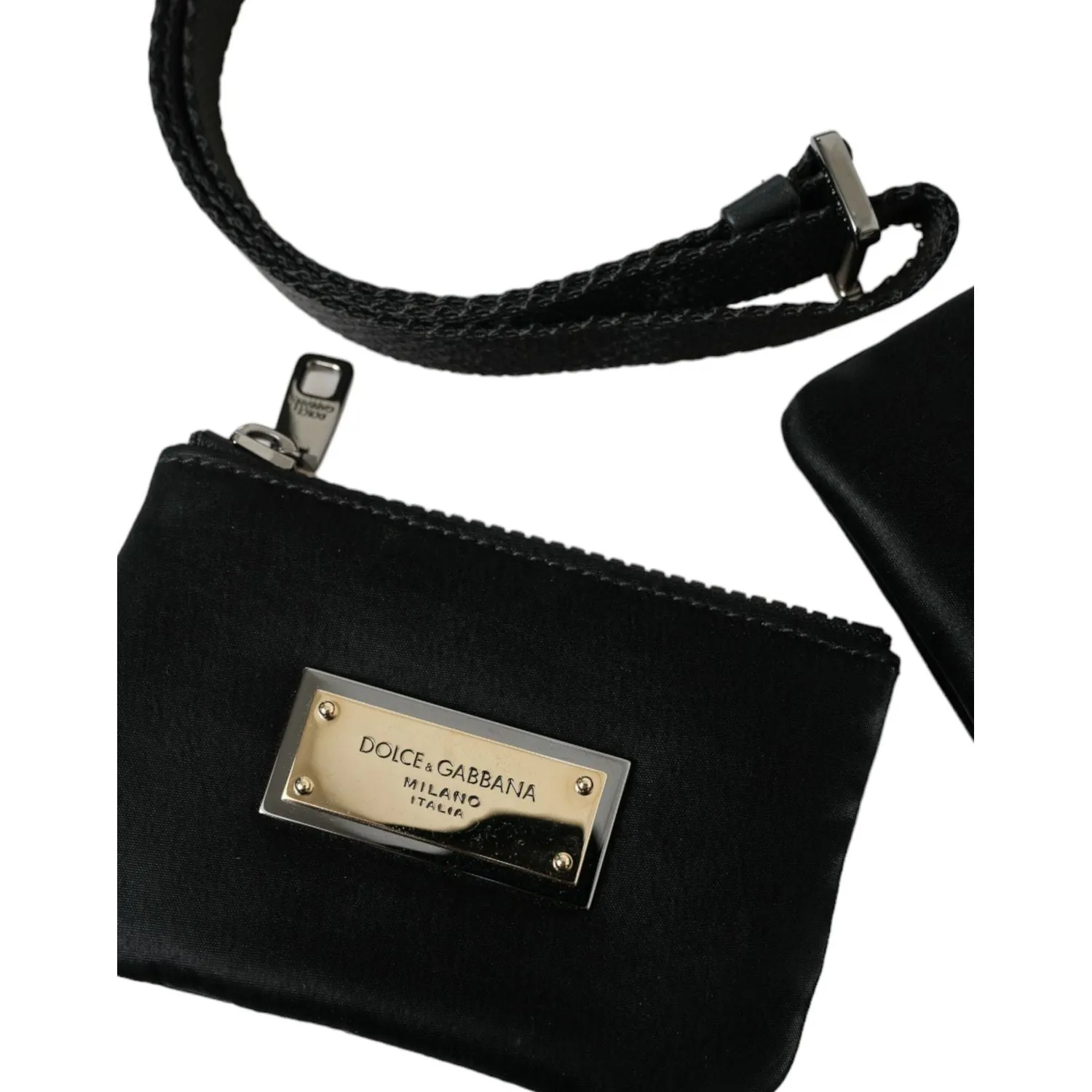 Dolce & Gabbana Elegant Black Nylon Leather Pouch with Silver Details