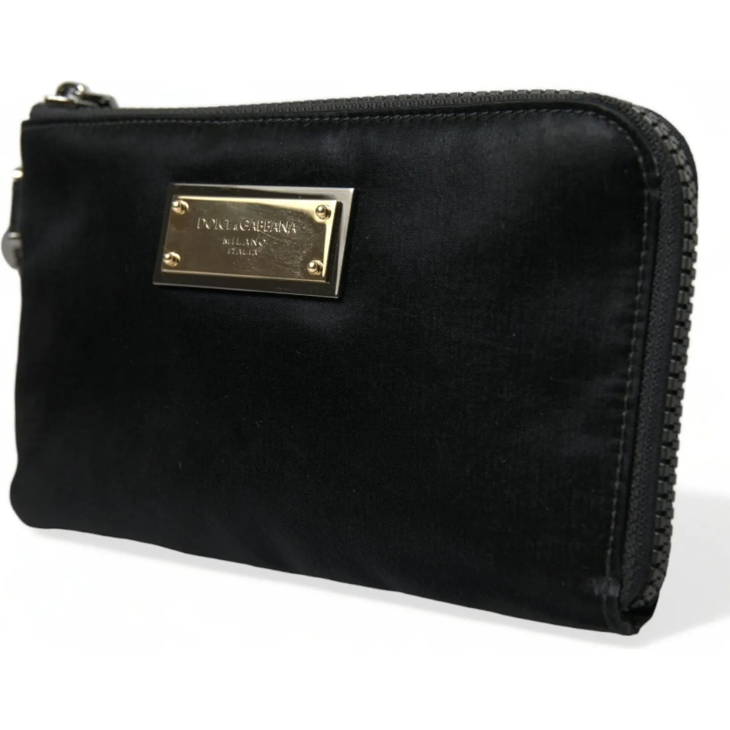 Dolce & Gabbana Elegant Black Nylon Leather Pouch with Silver Details