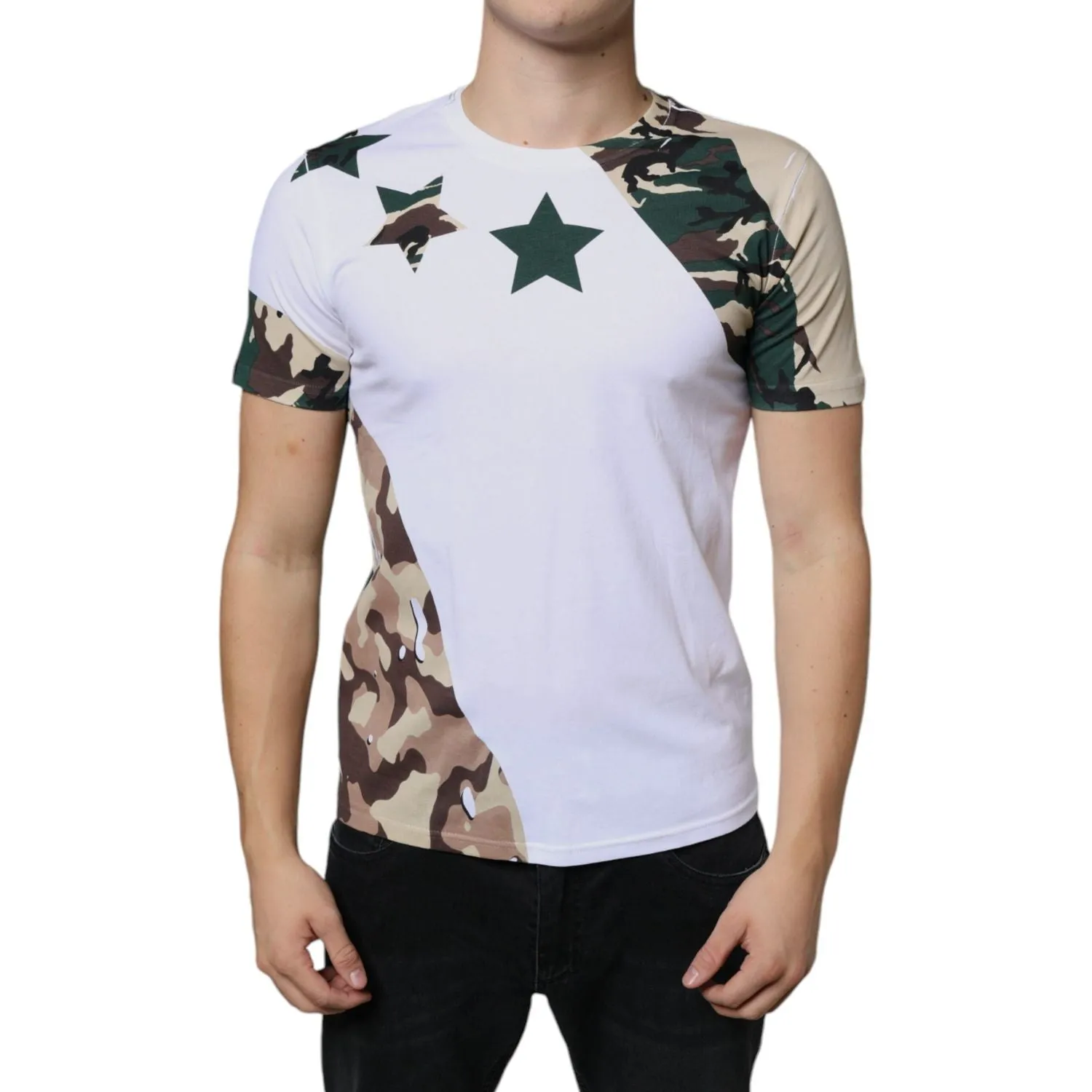 Dolce & Gabbana White Camouflage Stars Crew Neck T-shirt