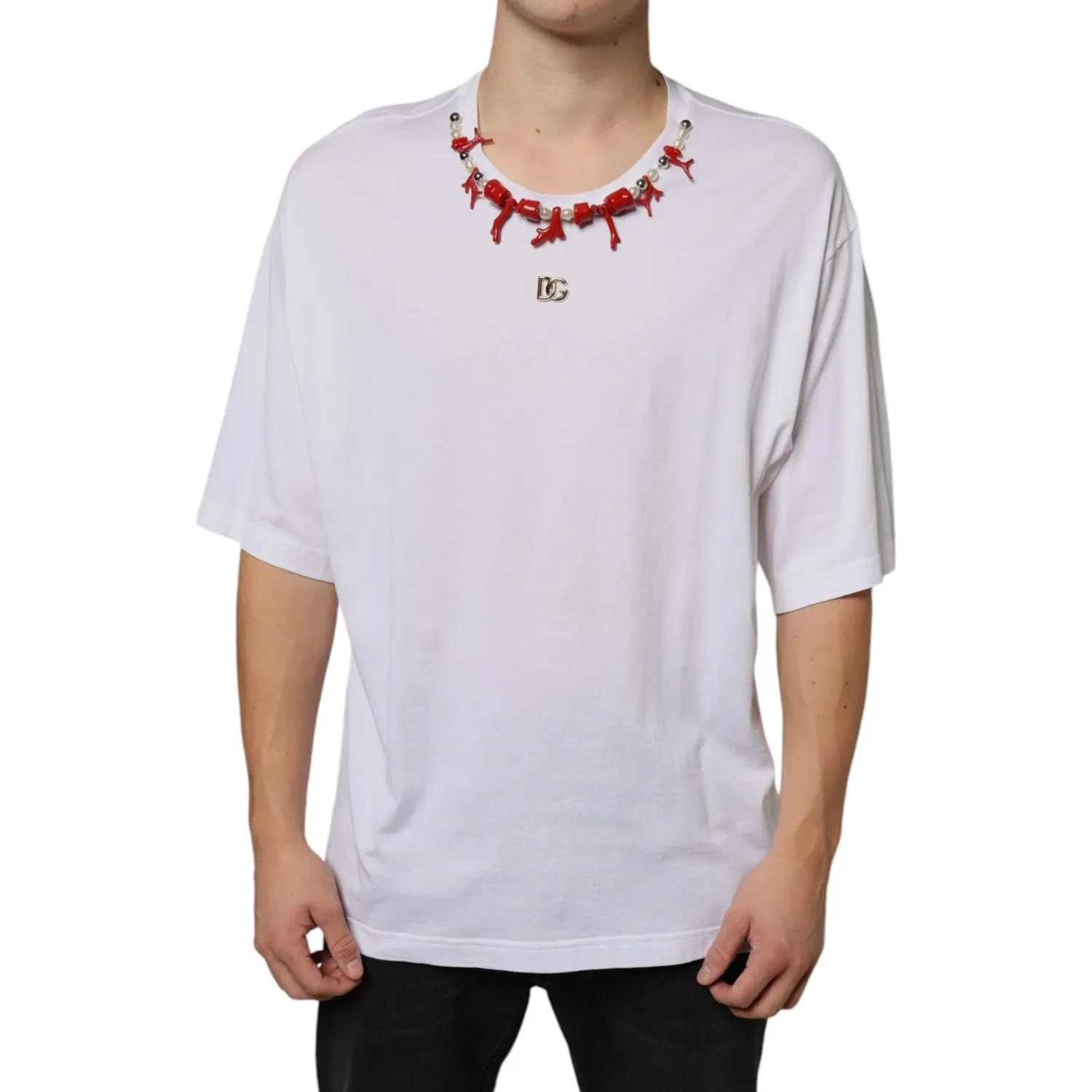 Dolce & Gabbana White Cotton Necklace Embellished T-shirt