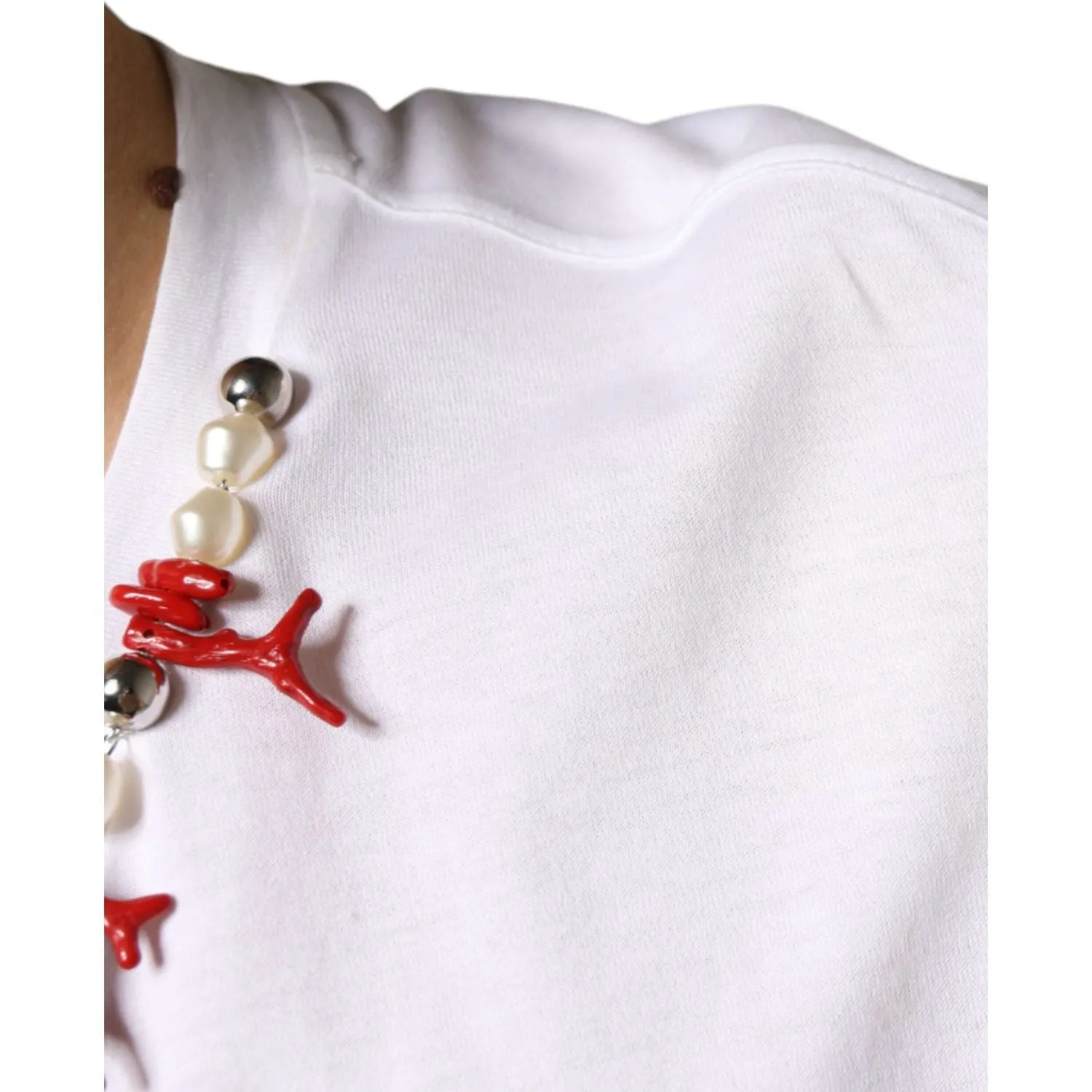 Dolce & Gabbana White Cotton Necklace Embellished T-shirt