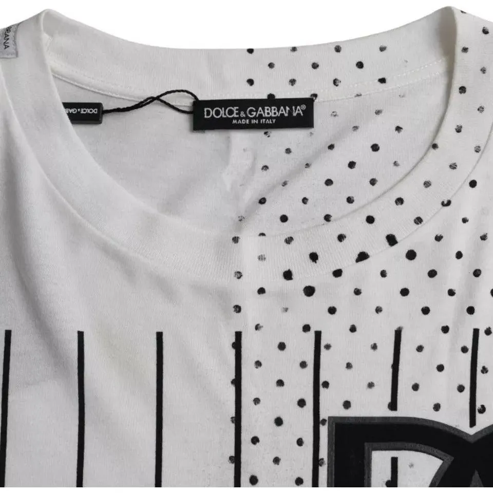 Dolce & Gabbana White Stripes Polka Dot Cotton Crew Neck T-shirt