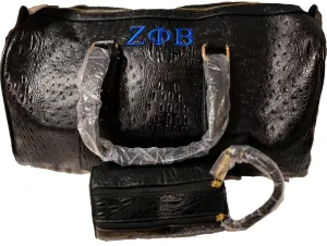 Embroidered Zeta Phi Beta Faux Ostrich Duffle Bag with Cylinder Cosmetic Bag