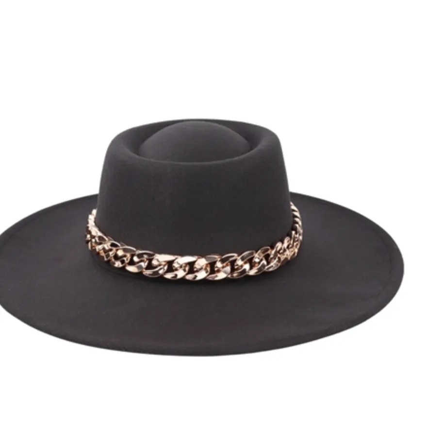 FELT BRIM FASHION HAT W/ CHAIN ACCENT - ( 2 colors ) Restock!!