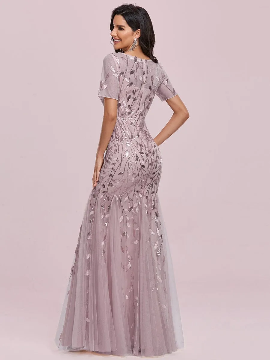 Floral Sequin Print Maxi Long Fishtail Tulle Dresses With Half Sleeve