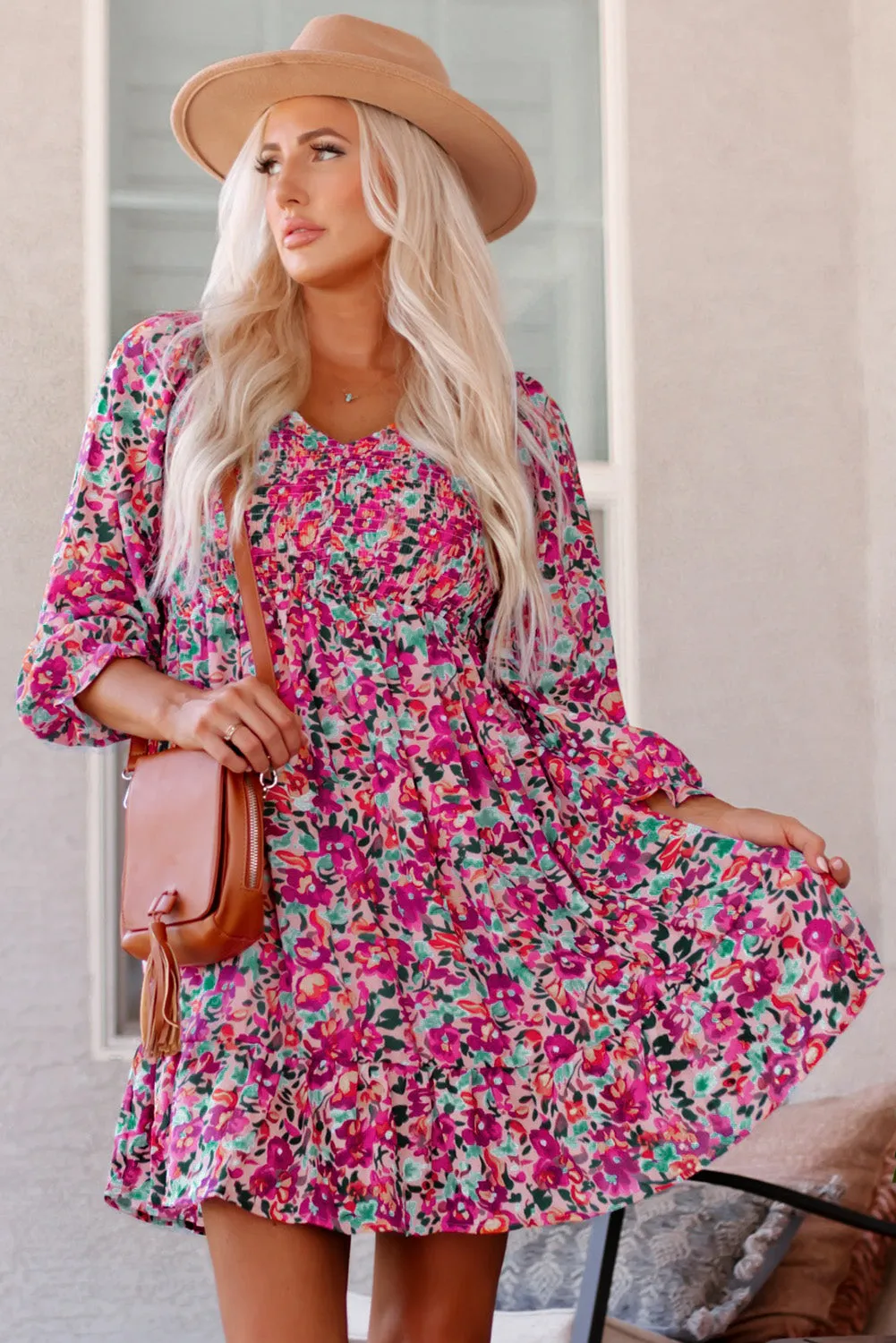 Floral Smocked V-Neck Flounce Sleeve Dress