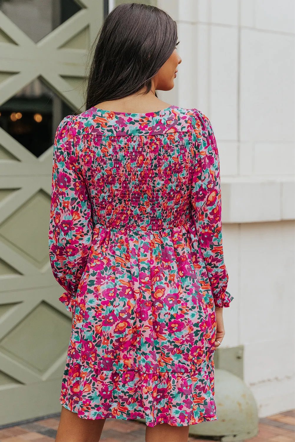 Floral Smocked V-Neck Flounce Sleeve Dress