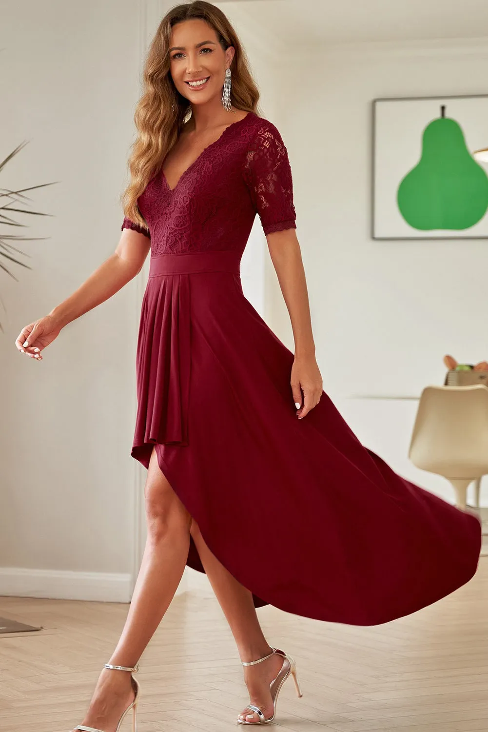 Lace Cutout V-Neck Short Sleeve Dress