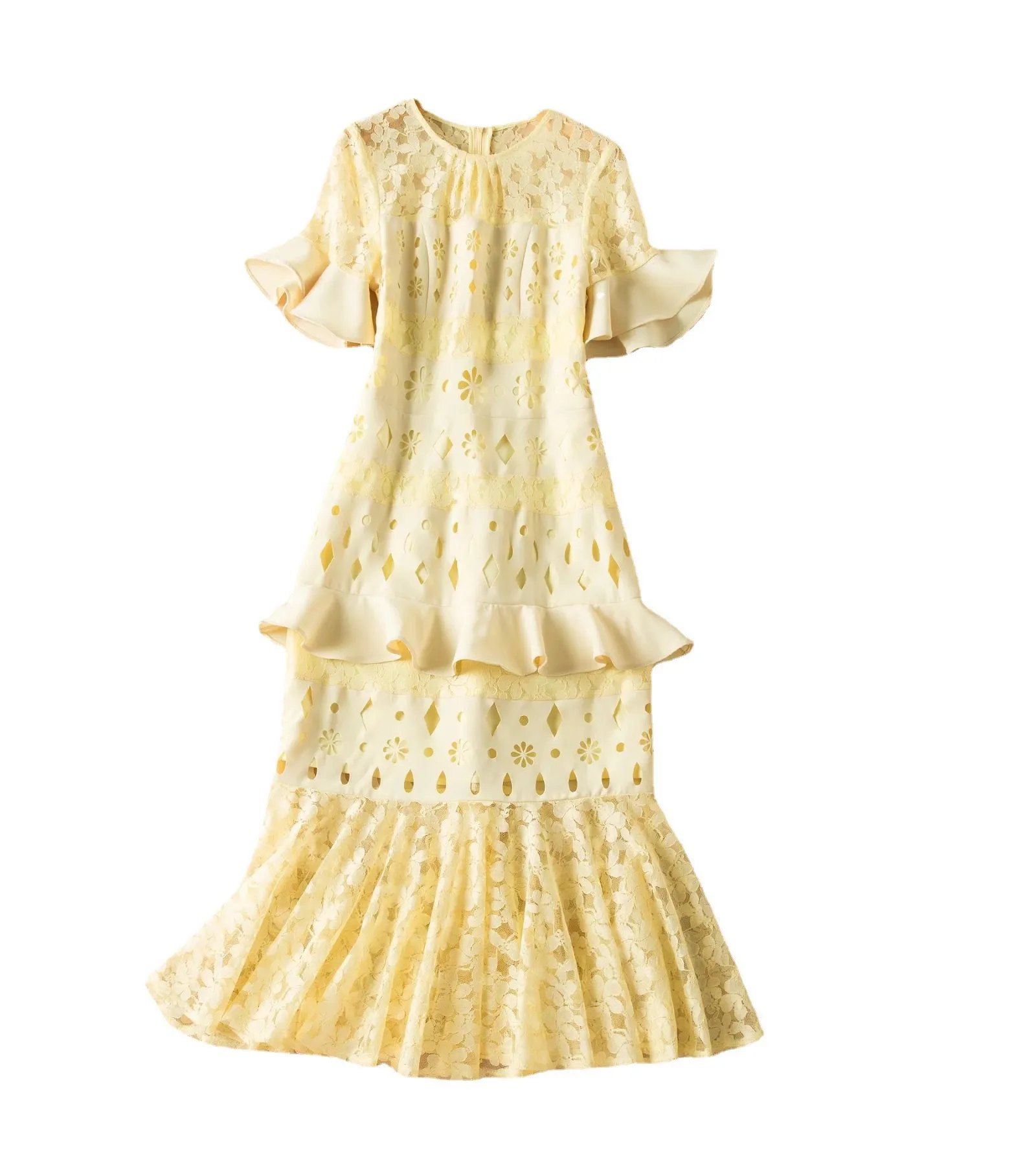 Lace Patchwork Hollow-Out Ruffled Midi Dress