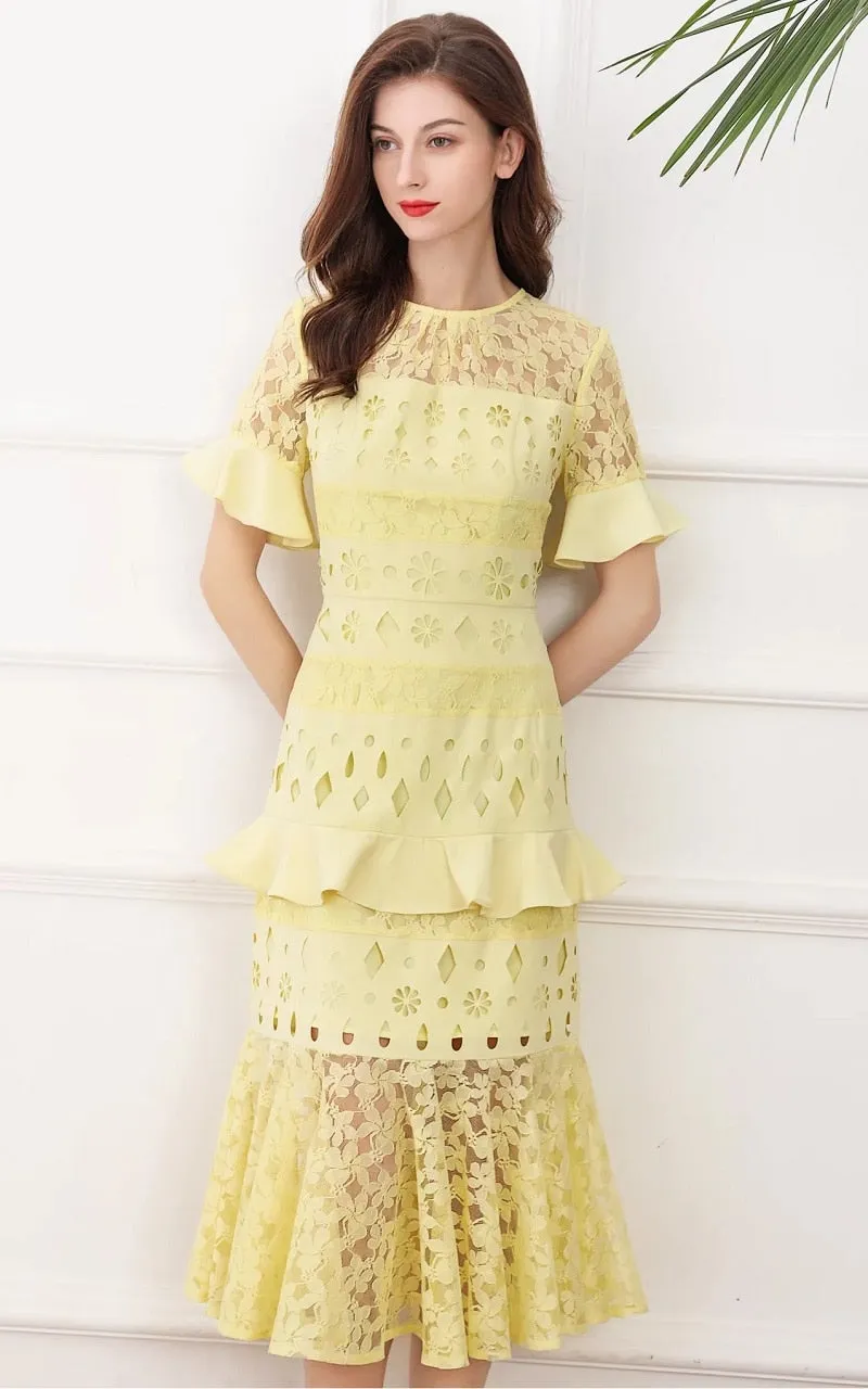 Lace Patchwork Hollow-Out Ruffled Midi Dress