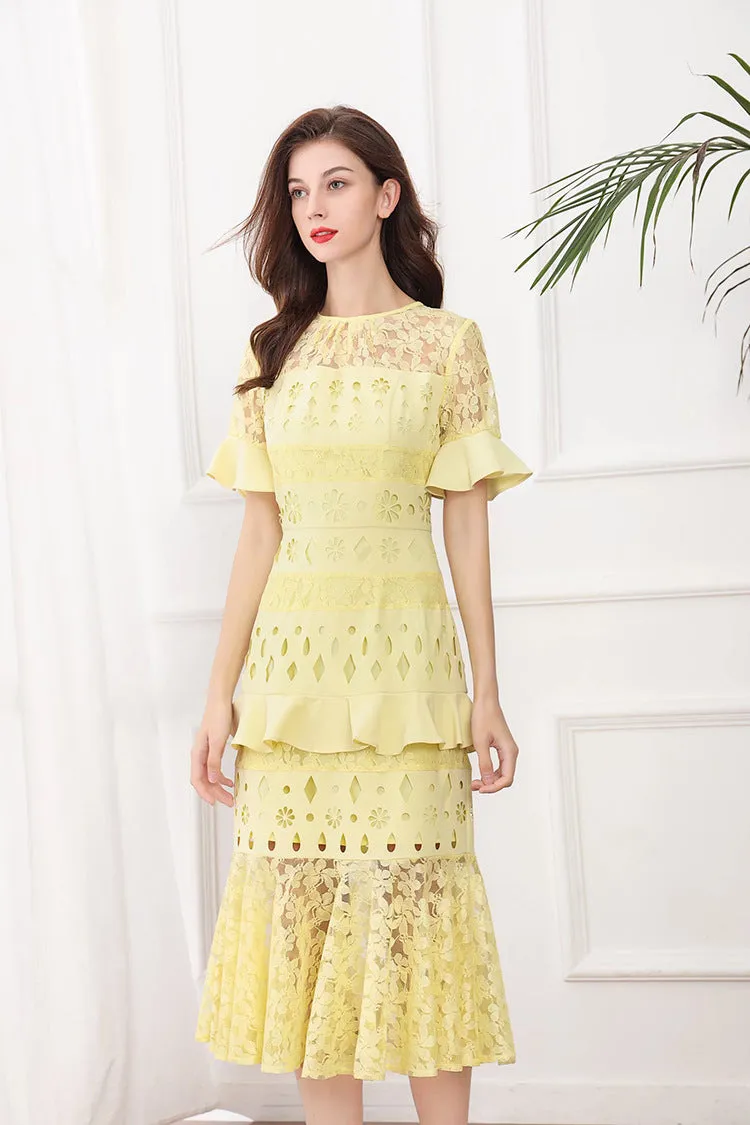 Lace Patchwork Hollow-Out Ruffled Midi Dress