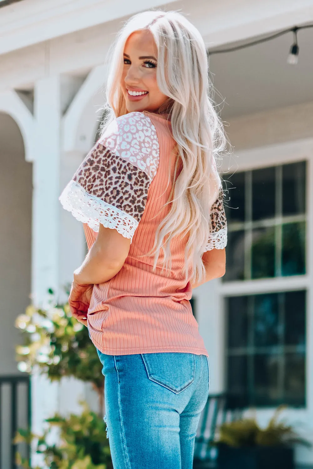 Leopard Lace Trim Ribbed Round Neck Top