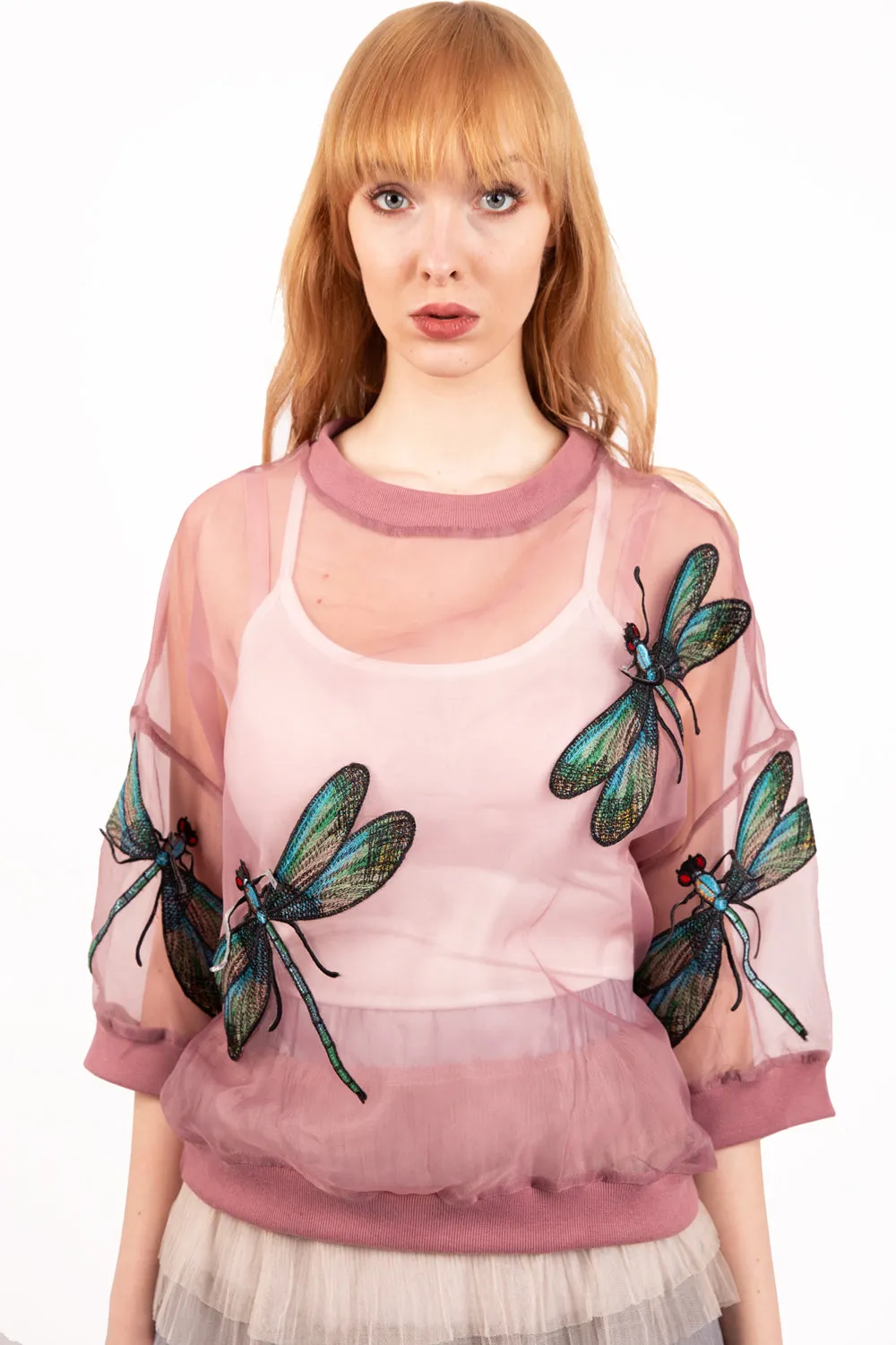 Loose Fit Mesh applique Dragonfly top