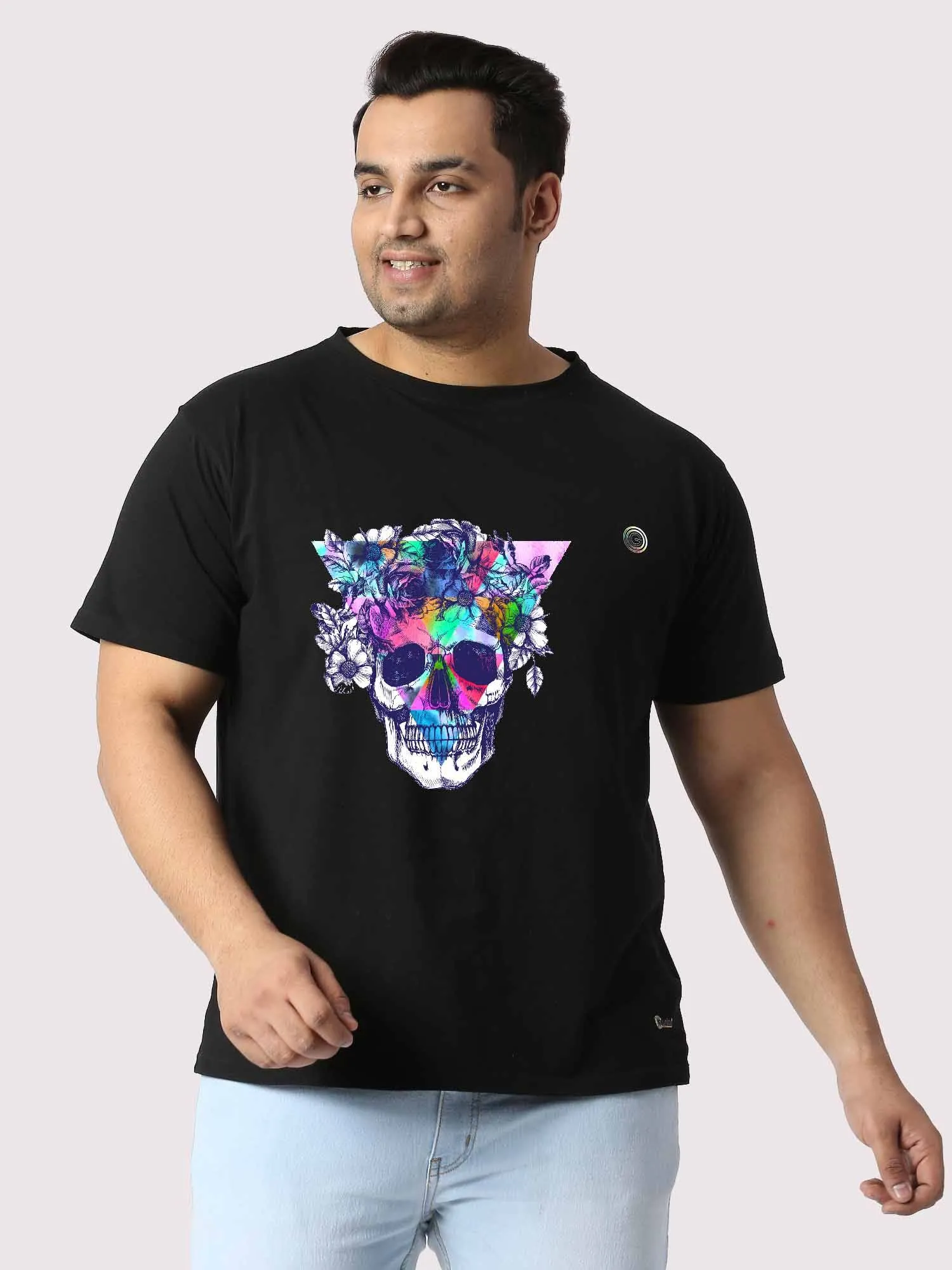 Men Plus Size Black Colour Splash Skull Printed Round Neck T-Shirt