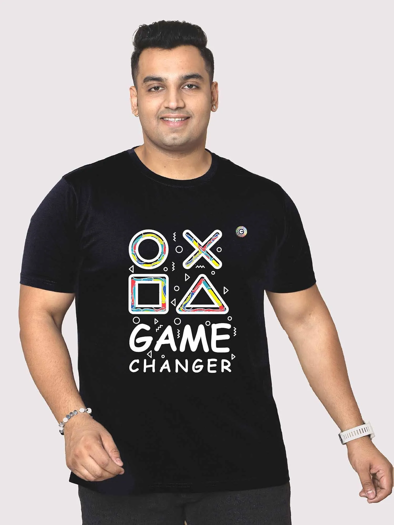 Men Plus Size Black Game Changer Printed Round Neck T-Shirt