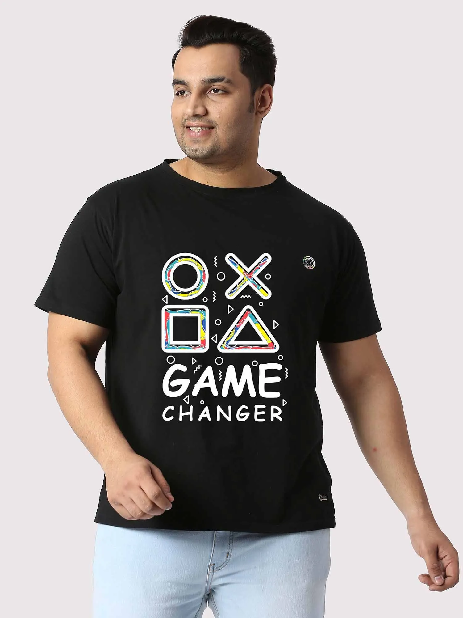 Men Plus Size Black Game Changer Printed Round Neck T-Shirt