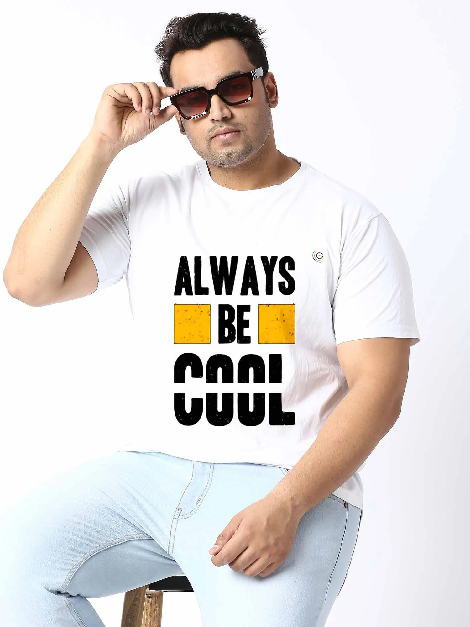 Men Plus Size White Always Be Cool Printed Round Neck T-Shirt