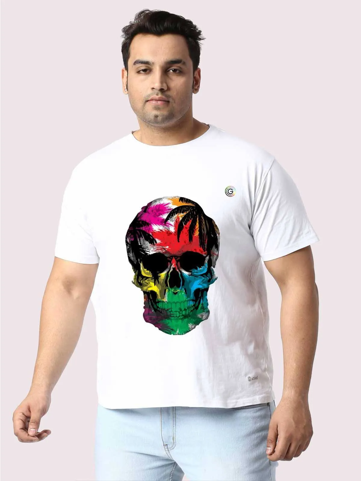 Men Plus Size White Tropical Skull Printed Round Neck T-Shirt