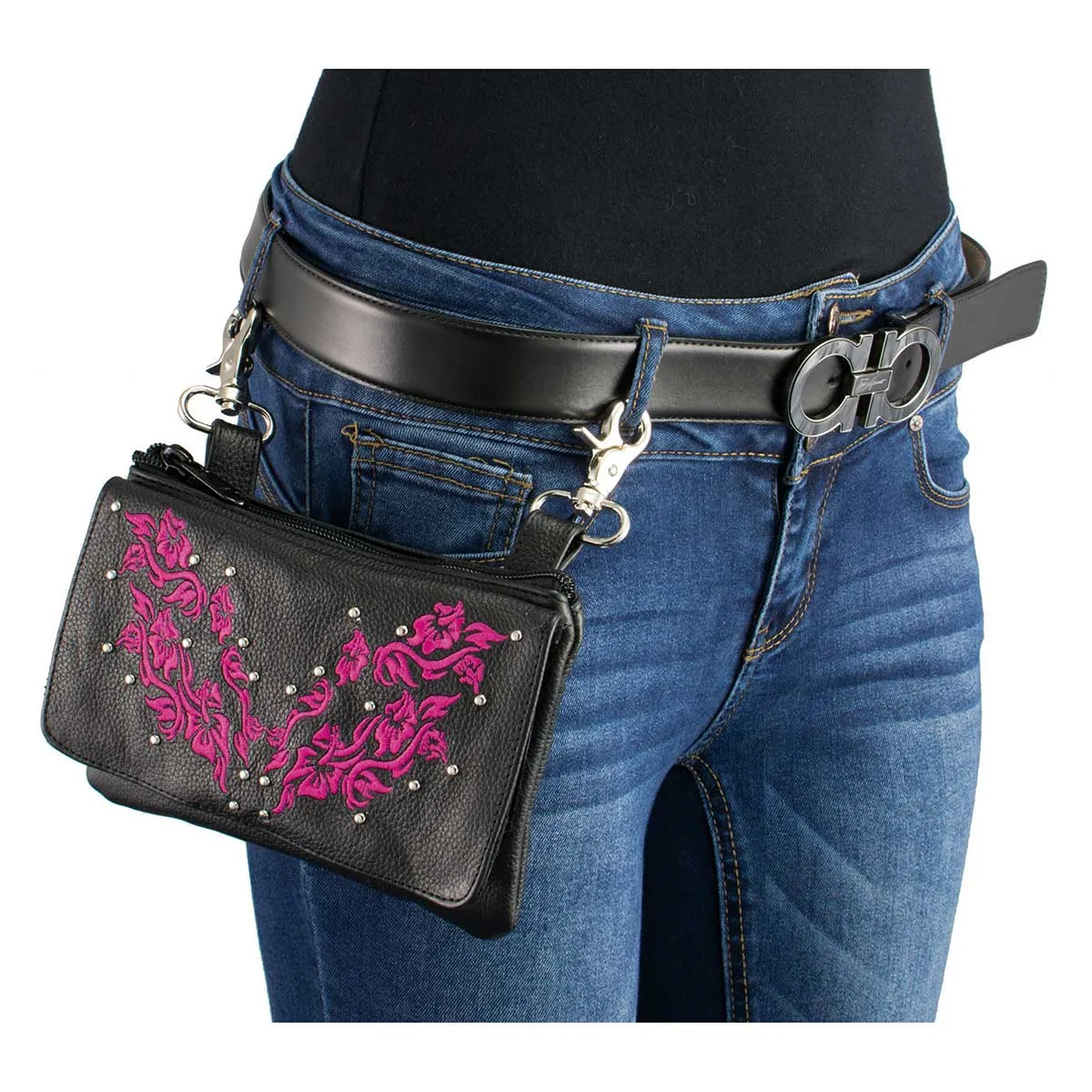 Milwaukee Leather MP8853 Women's 'Flower' Black and Pink Leather Multi Pocket Belt Bag