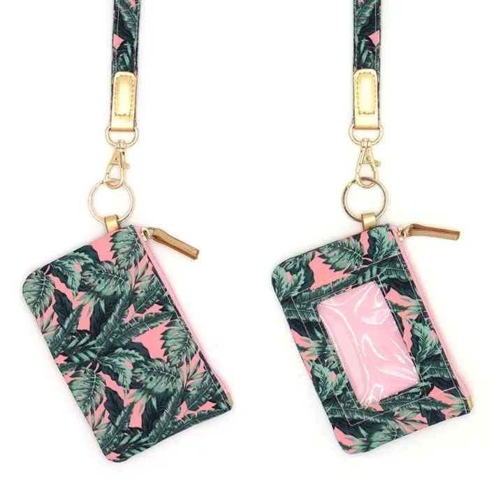 Pink Green Tropical Leaves ID Wallet