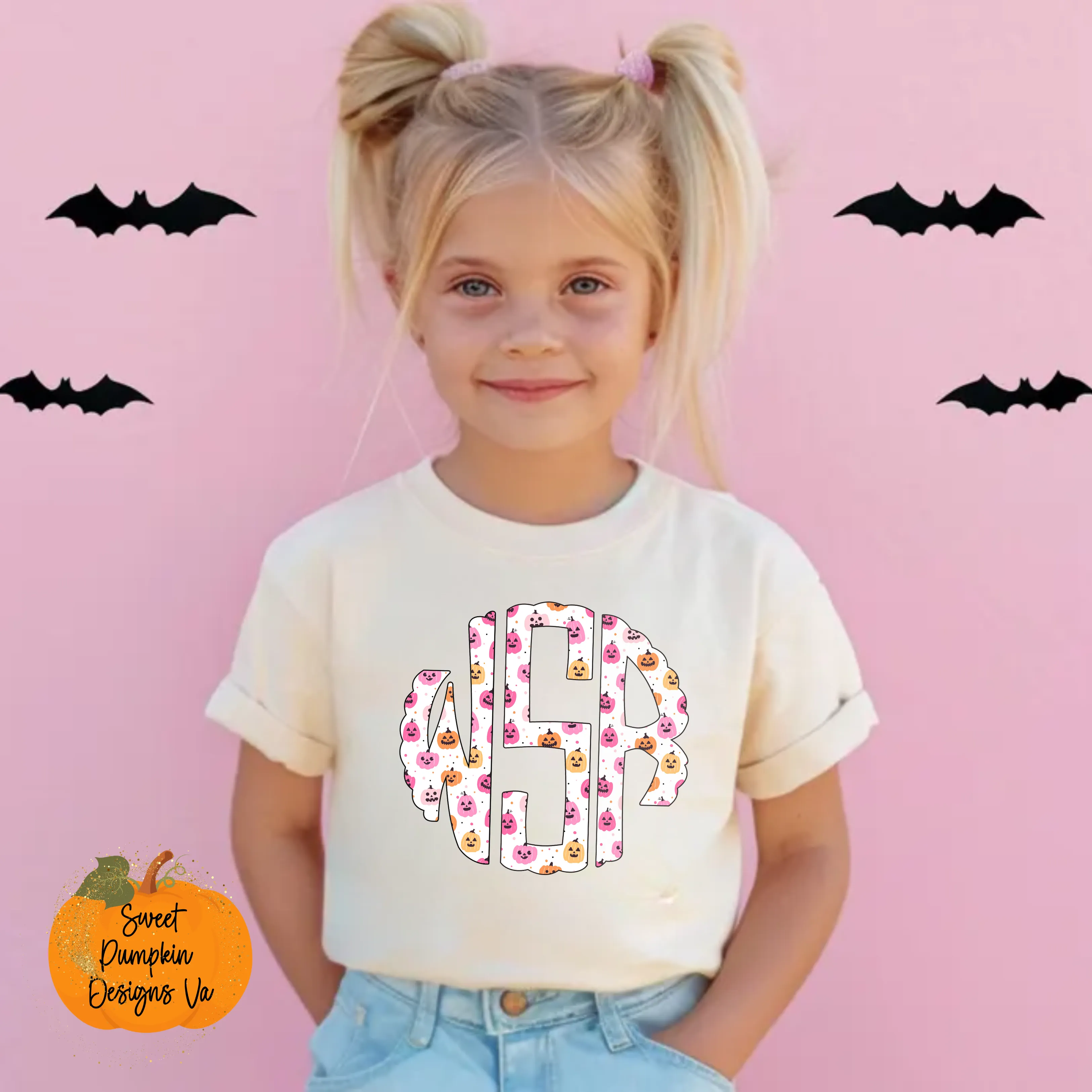 Pink Pumpkin Monogram Halloween Shirt for Girls