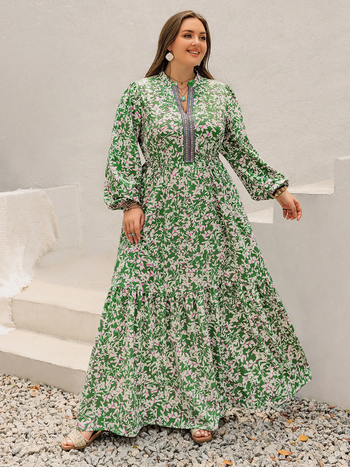 Plus Size Printed Notched Long Sleeve Maxi Dress