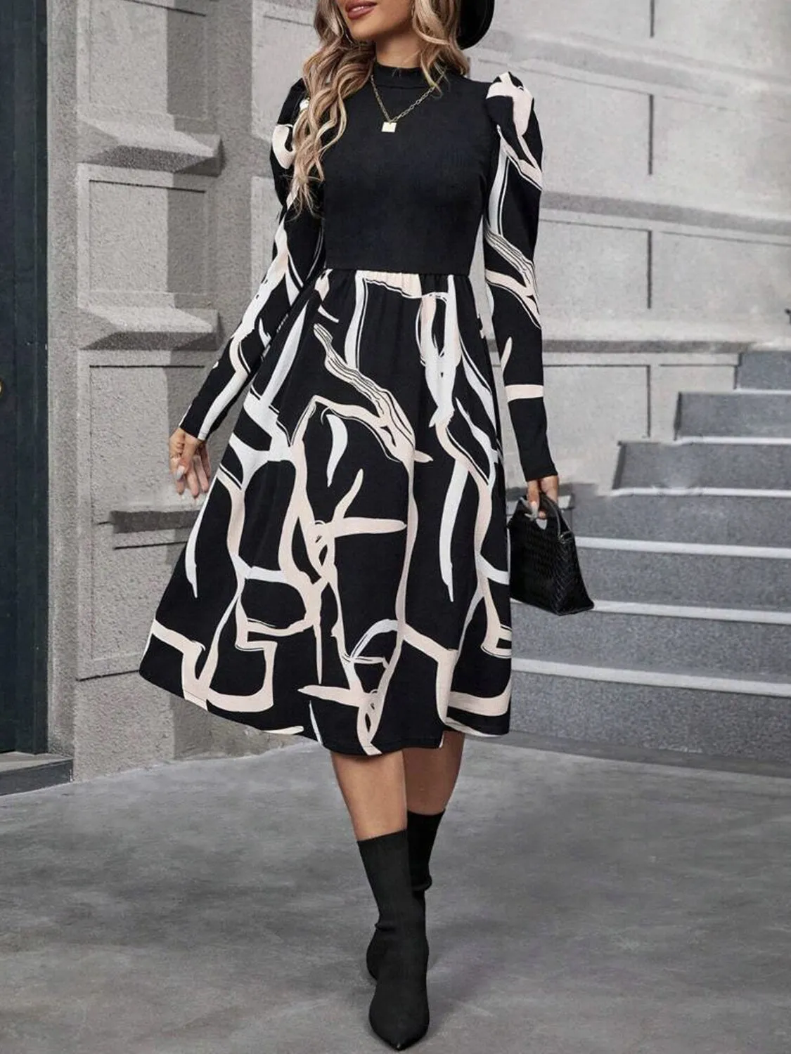 Printed Mock Neck Puff Sleeve Midi Dress