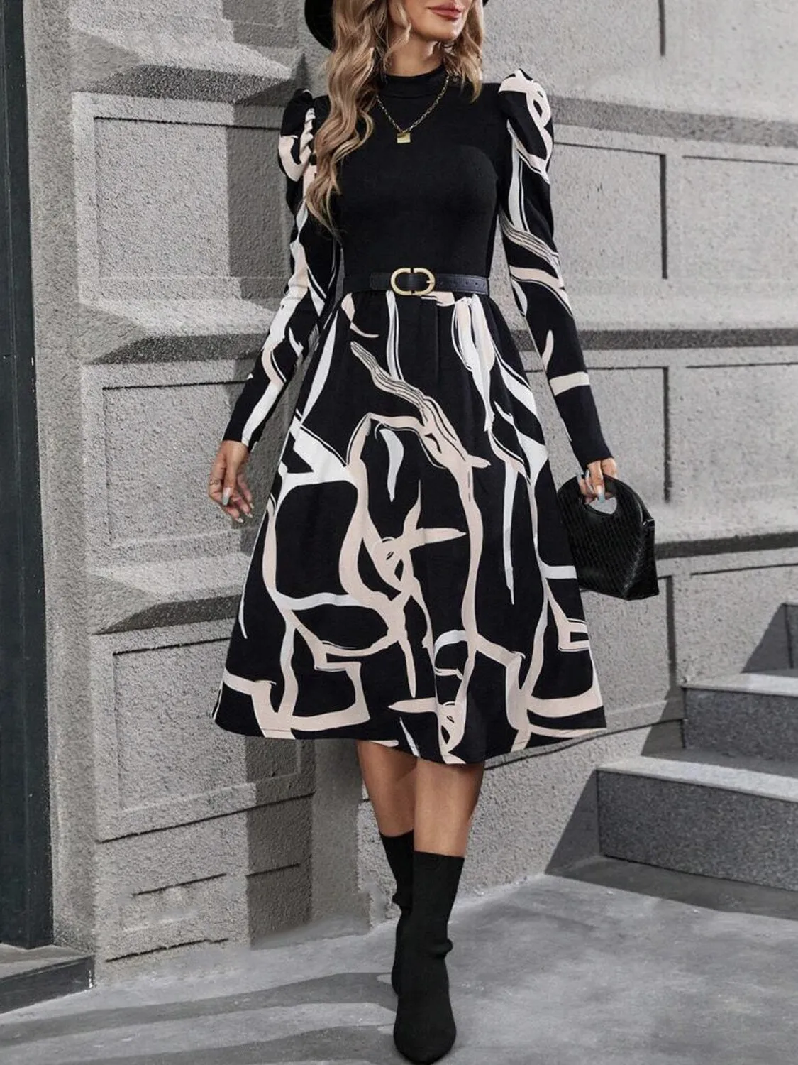 Printed Mock Neck Puff Sleeve Midi Dress