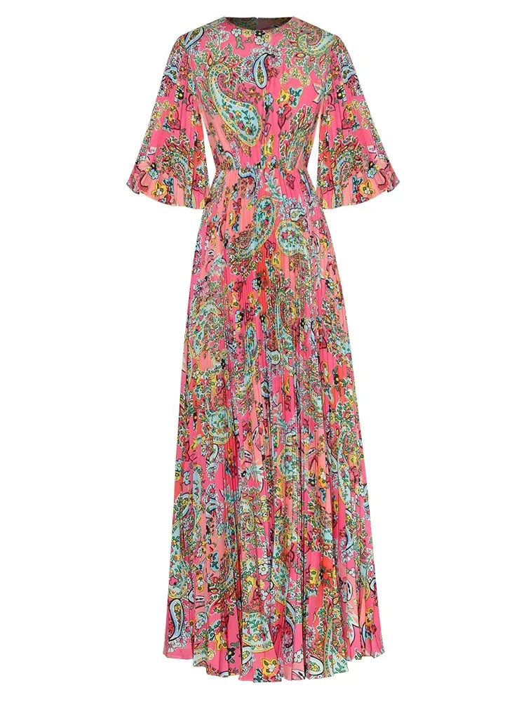 Printed Pleated Flare Sleeve Vintage Dress