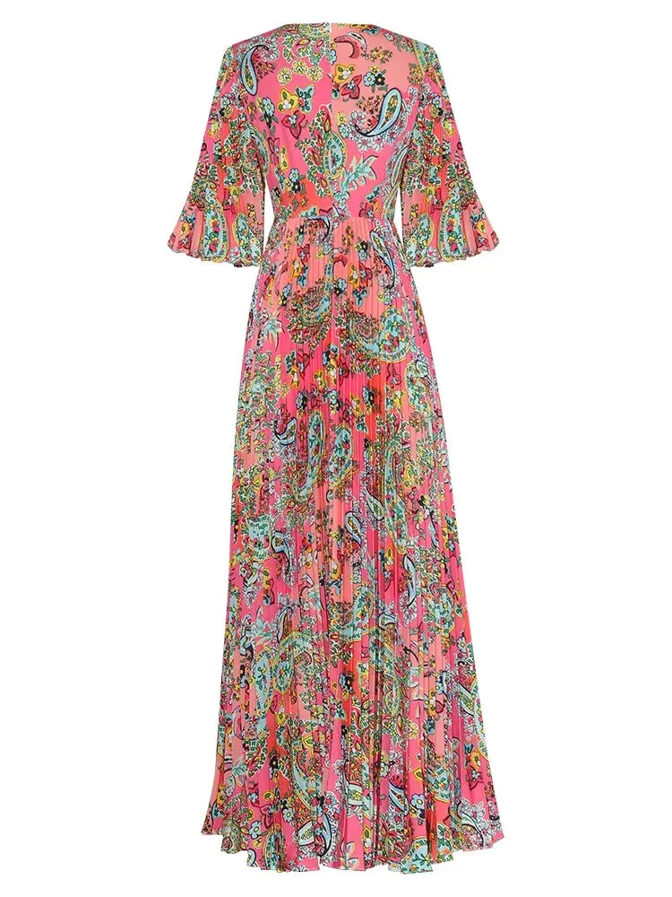 Printed Pleated Flare Sleeve Vintage Dress