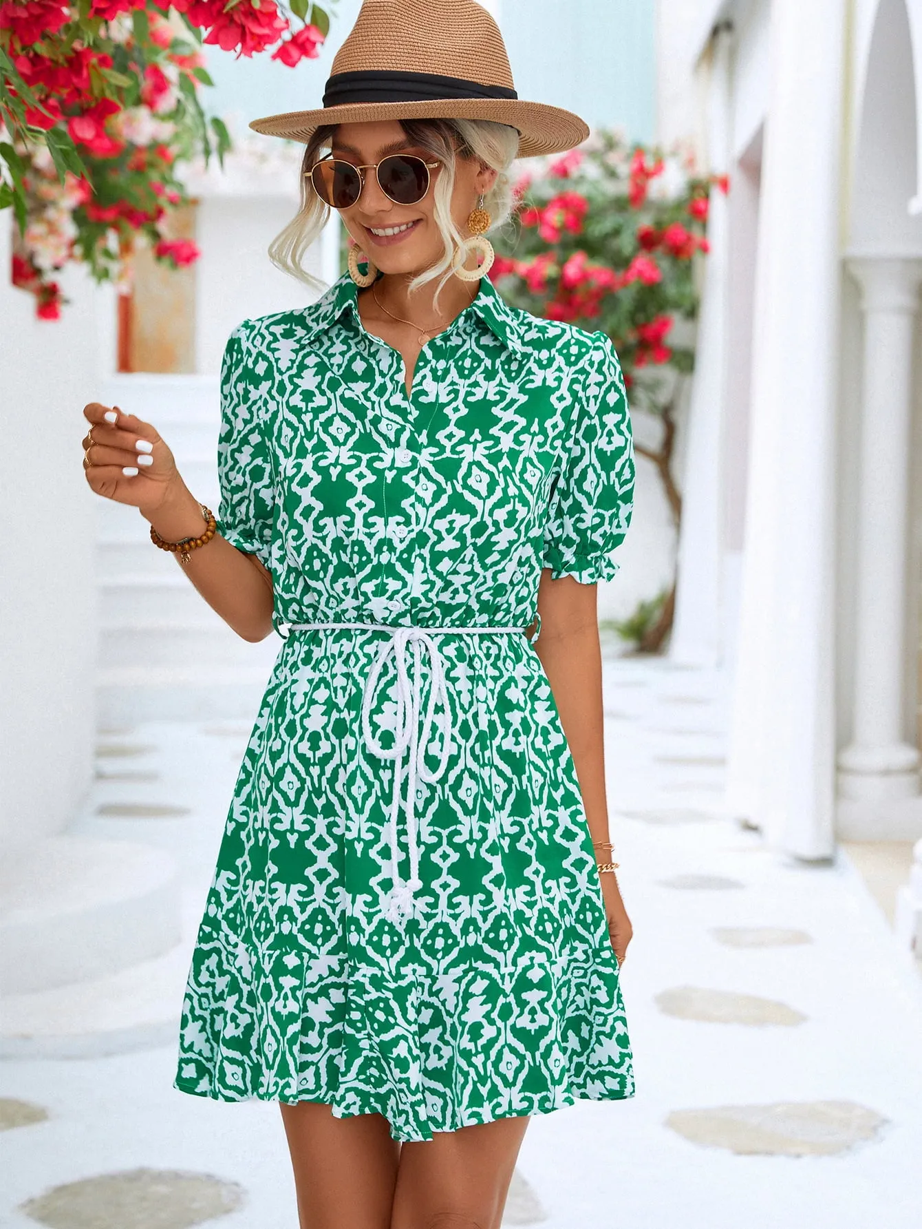 Printed Tie Waist Collared Flounce Sleeve Dress