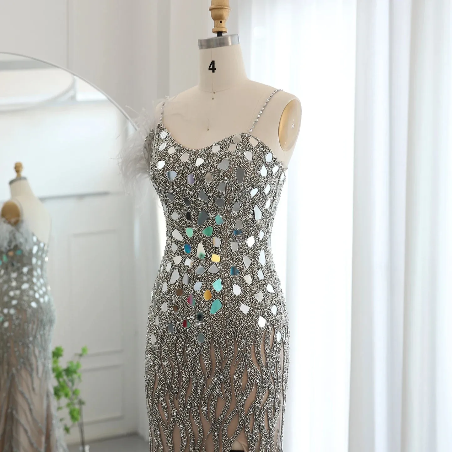 Sequined Feather One Shoulder Slit Dress