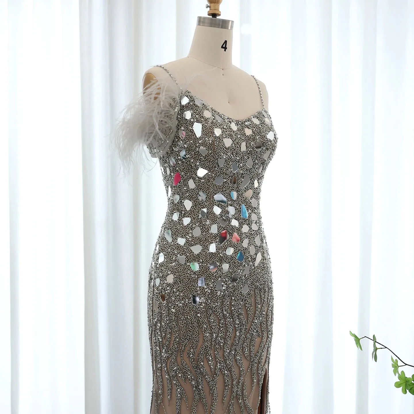 Sequined Feather One Shoulder Slit Dress