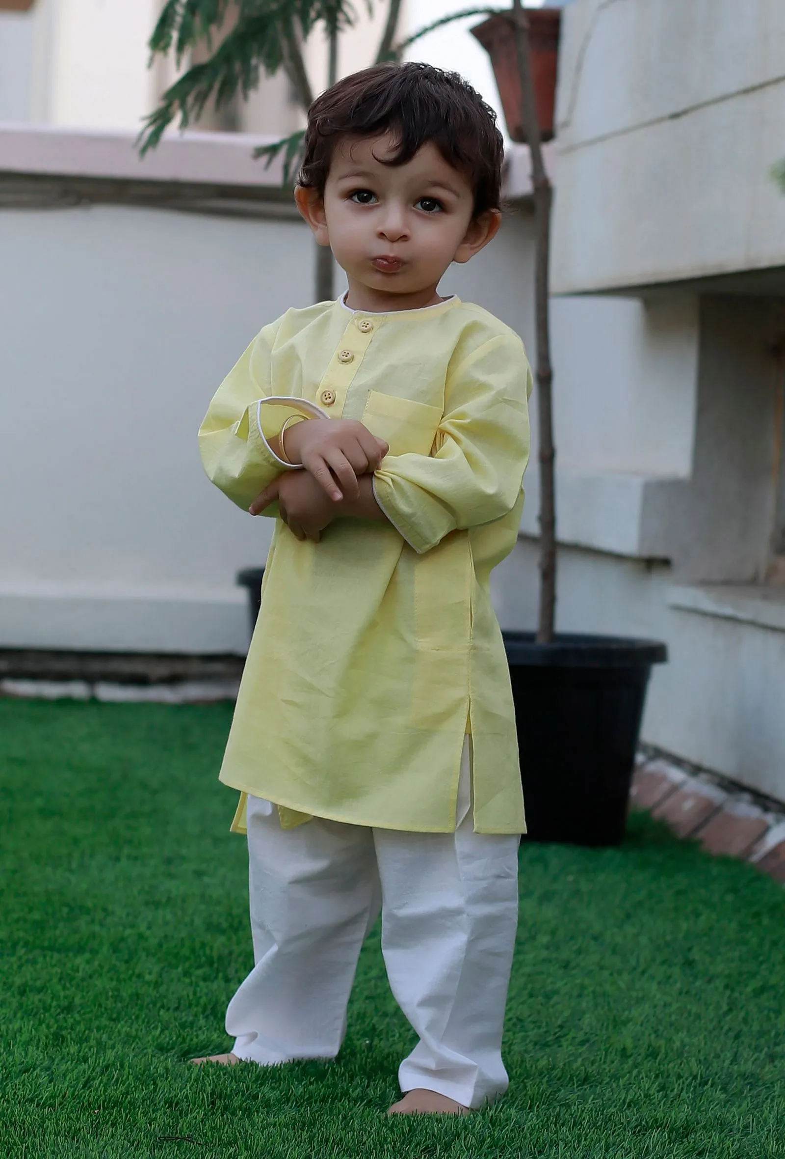 Set Of 2: Snoopy Yellow Cotton Kurta And Yellow Short