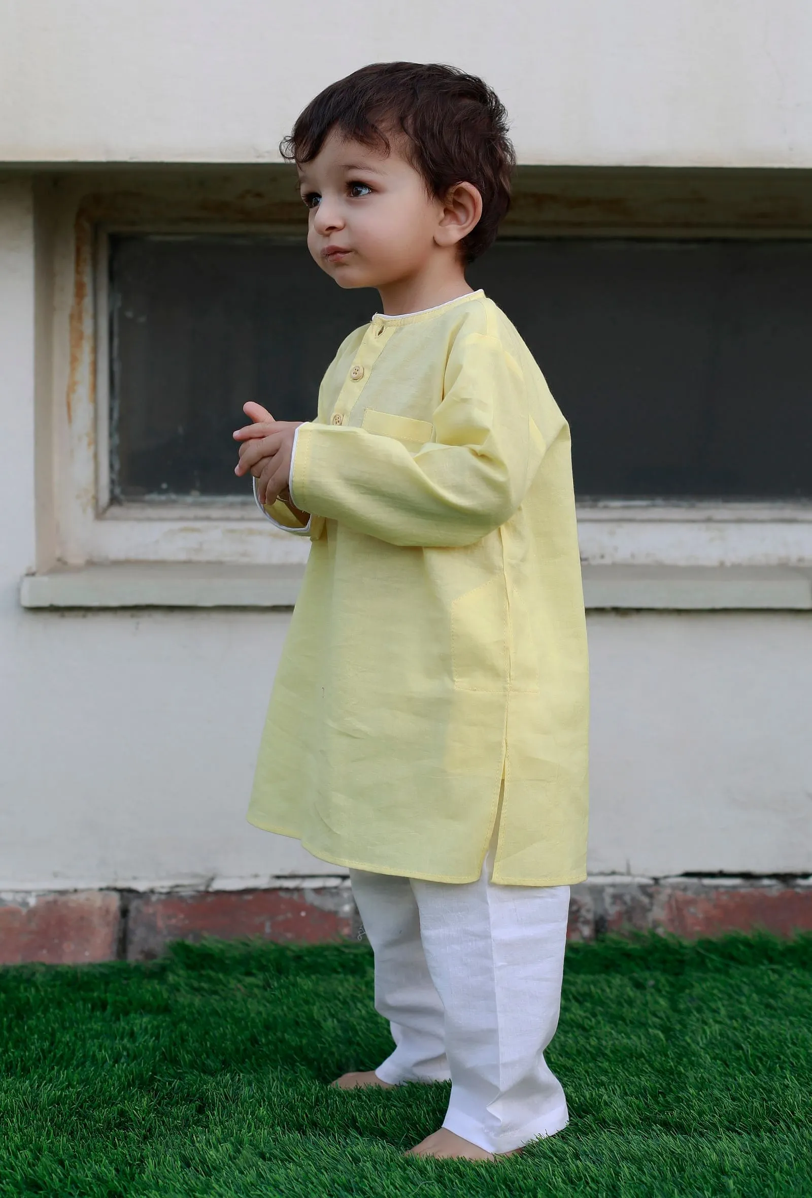 Set Of 2: Snoopy Yellow Cotton Kurta And Yellow Short