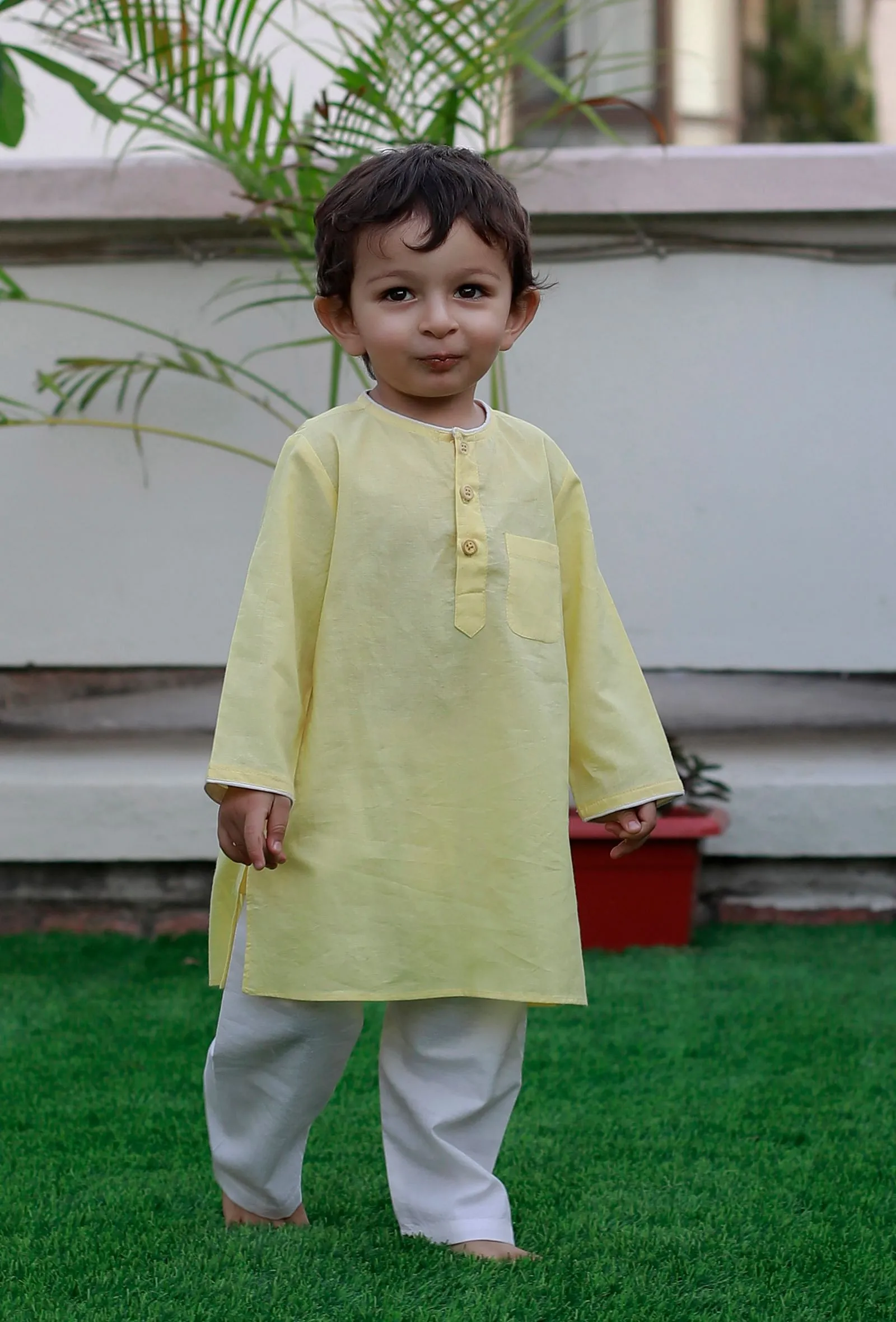 Set Of 2: Snoopy Yellow Cotton Kurta And Yellow Short