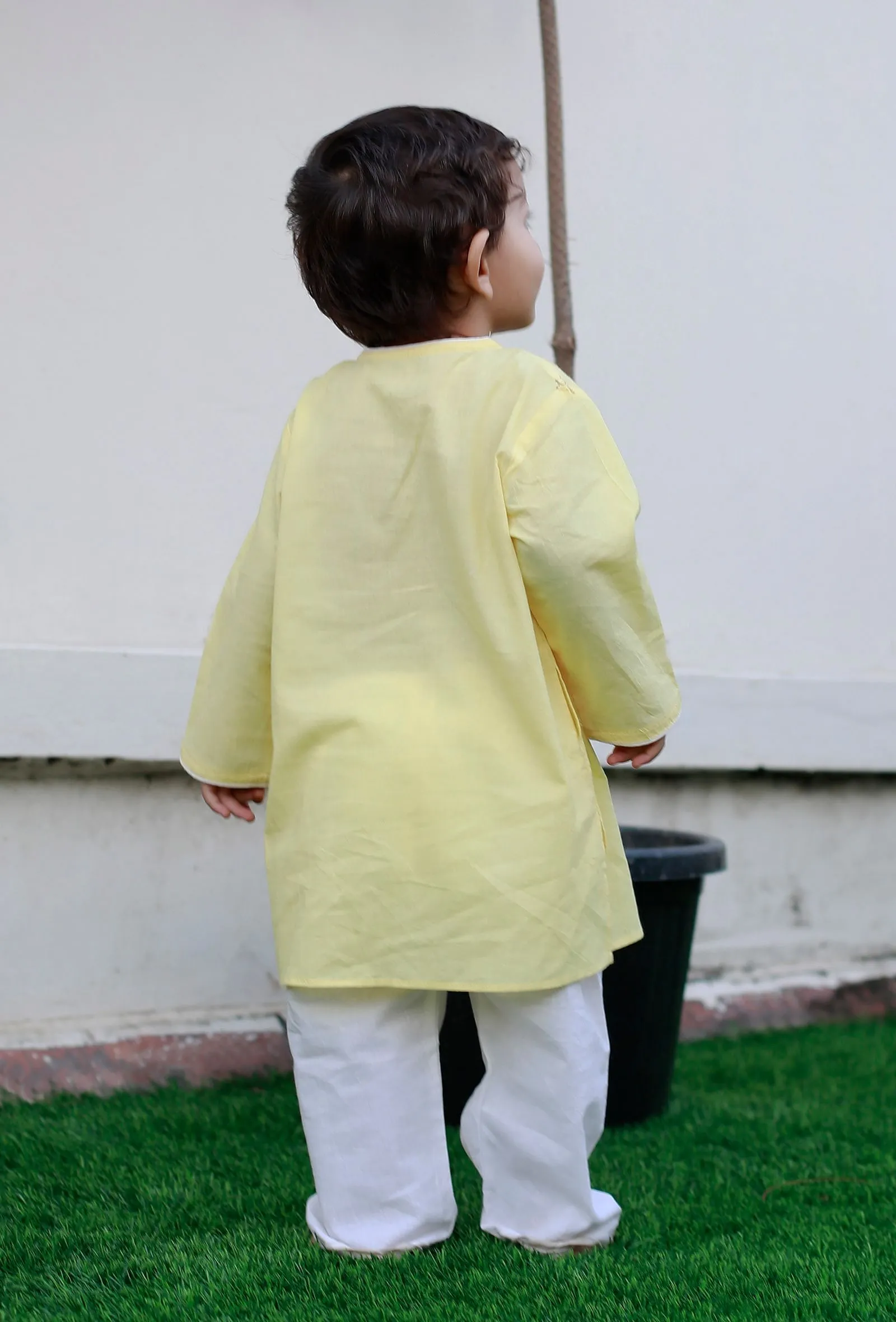 Set Of 2: Snoopy Yellow Cotton Kurta And Yellow Short