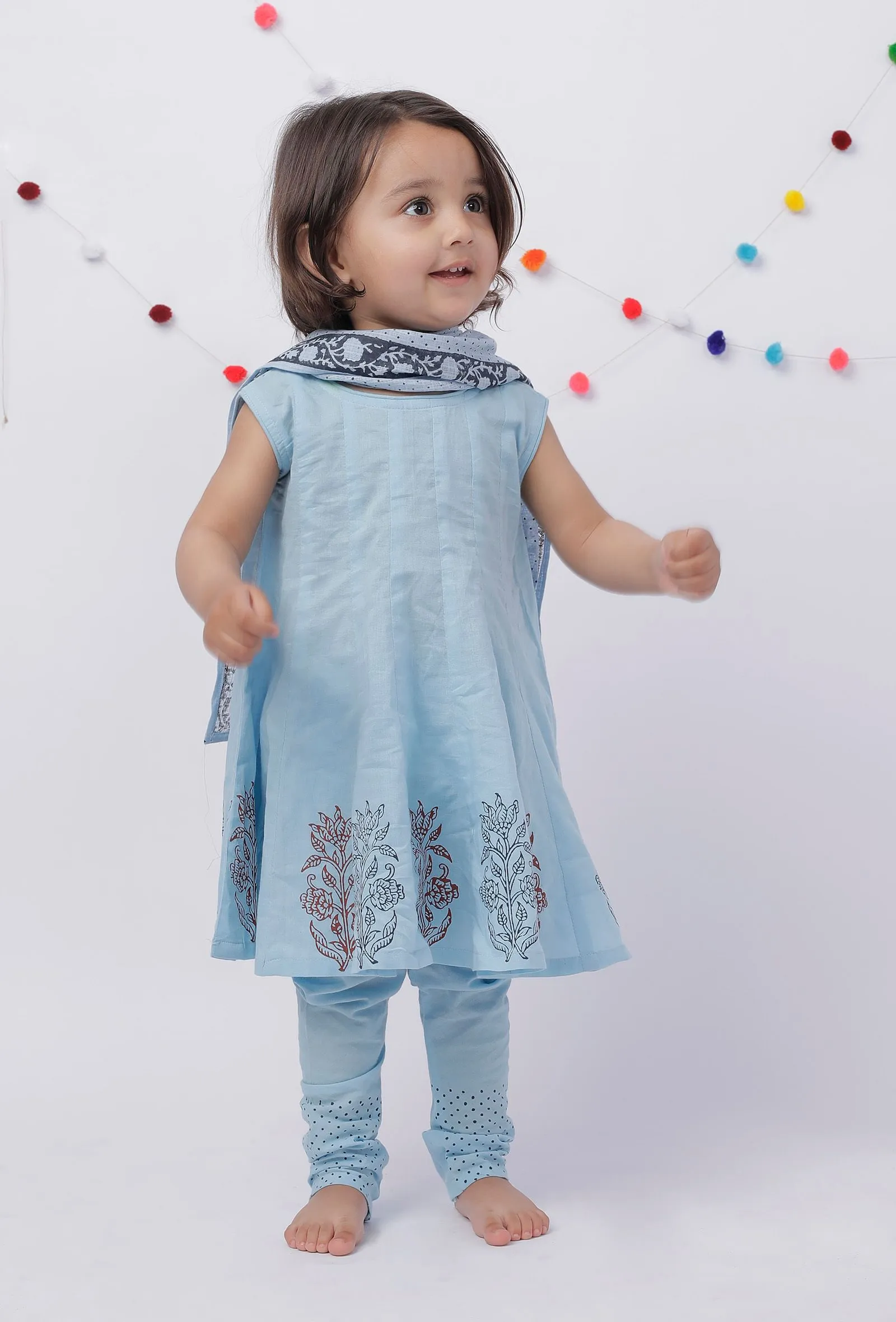 Set of 3: Amaira Candy Blue Handblock Kurta with Cotton Chooridar and Handblock Dupatta