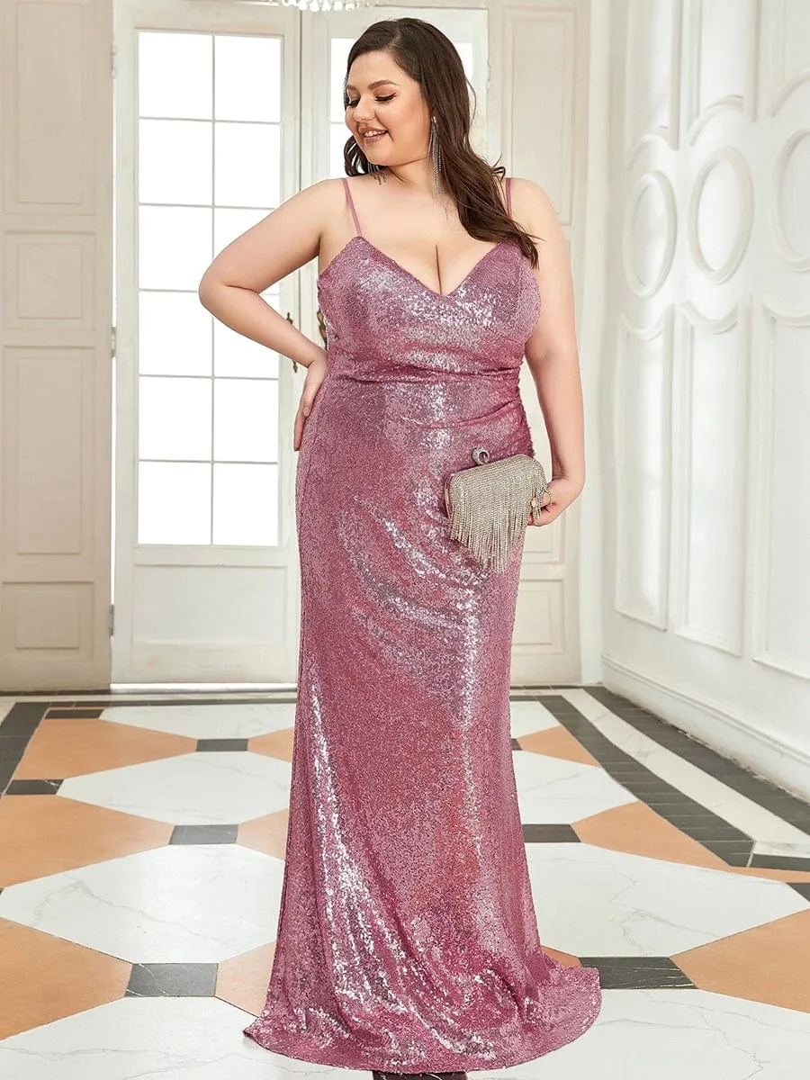 Sexy Spaghetti Straps Plus Size Sequin Evening Gowns for Women