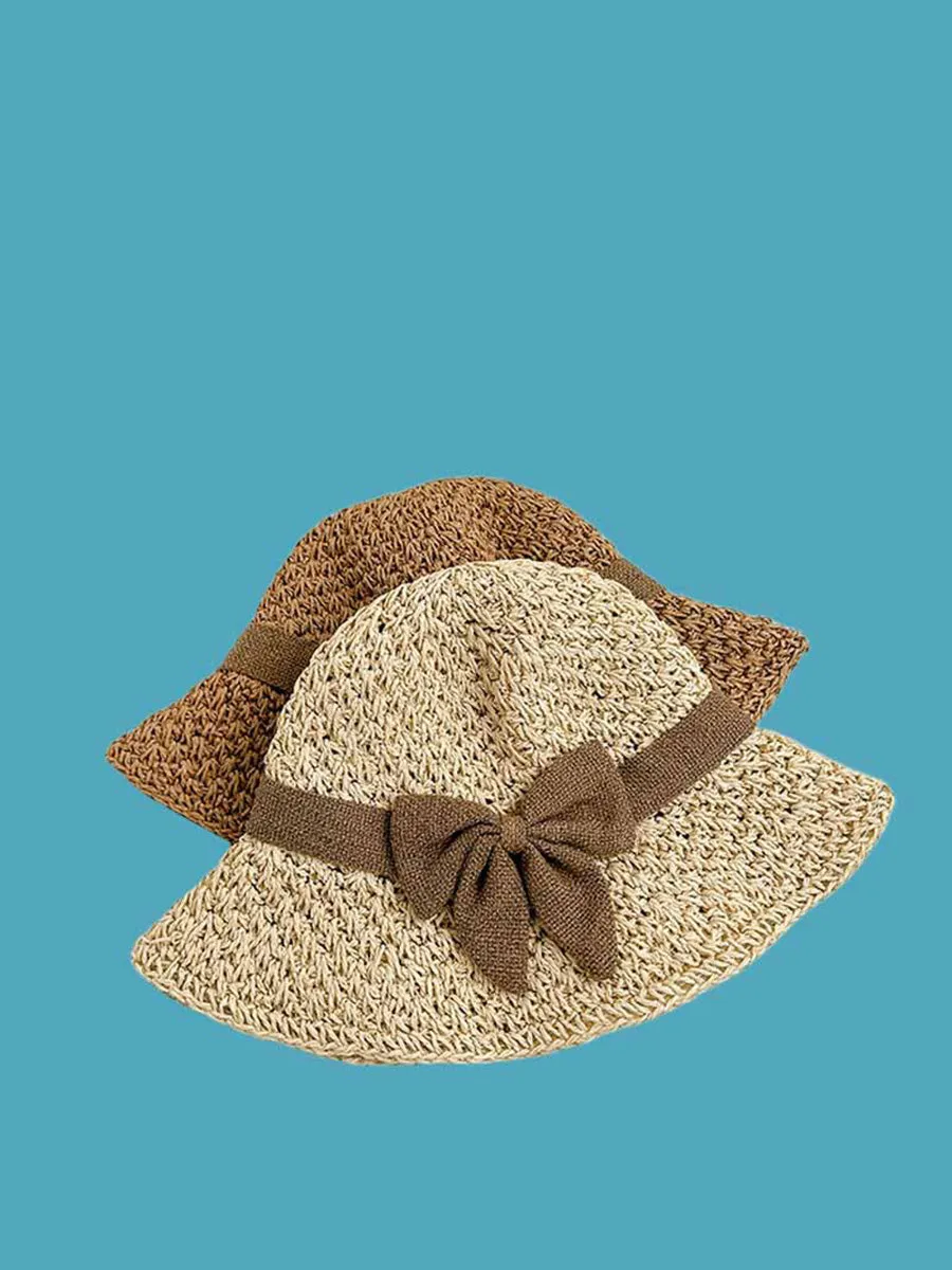 Women Summer Artsy Bowknot Straw Knitted Sun Hat